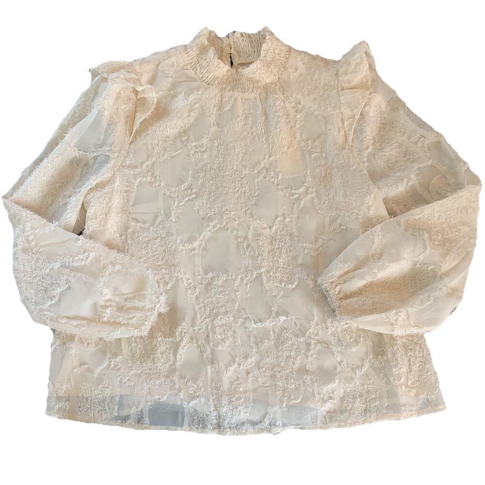 NWT Melloday Cream Textured Ruffle Long Sleeve Mock Neck Shirt Top Size Medium